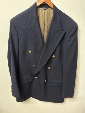 Vintage Bill Blass 100% Wool Navy Blazer Gold Button Double Breasted 46R USA